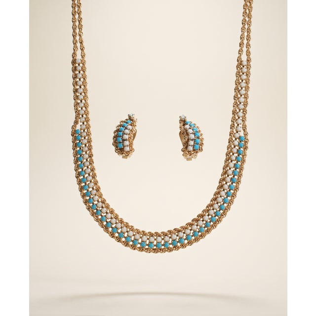 Beautiful 3 piece HOBE Jewelry set. Turquoise color and white on gold mesh. Signed HOBE on earrings and necklace tag Last...