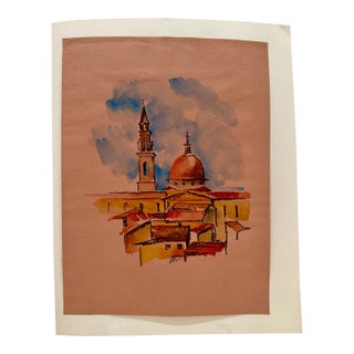 Henry Emil Salloch Original Watercolor on Paper Italian Cathedral Dome and Campanile. For Sale