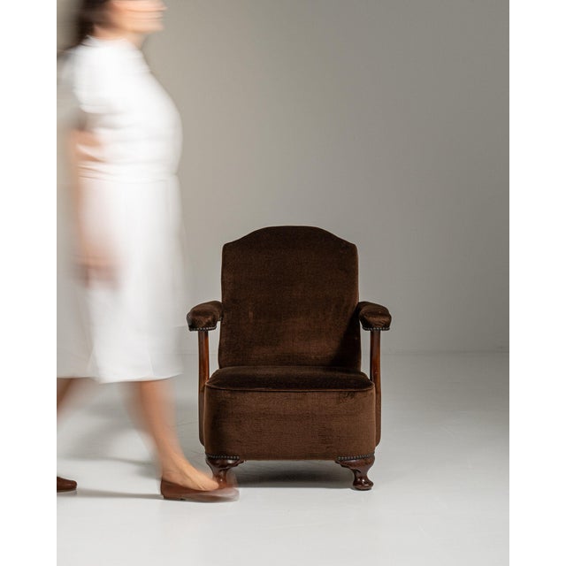 1940-1949 France Deep Espresso Brown Upholstered Wingback Armchair For Sale - Image 4 of 11