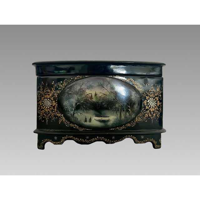 Paper Vintage Russian Black Lacquer Fedoskino Box, Mother of Pearl Sunset, Winter Snow, Artist Signed & Dated For Sale - Image 7 of 13