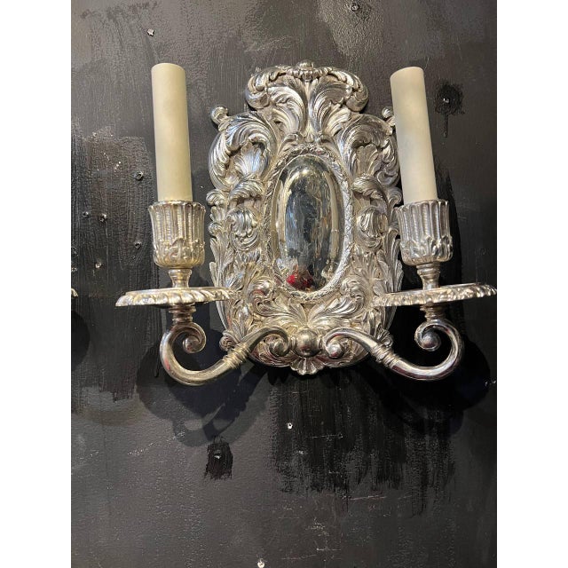 1900 - 1909 1900 Caldwell Baroque Silver Plated Sconces With 2 Lights - a Pair For Sale - Image 5 of 9
