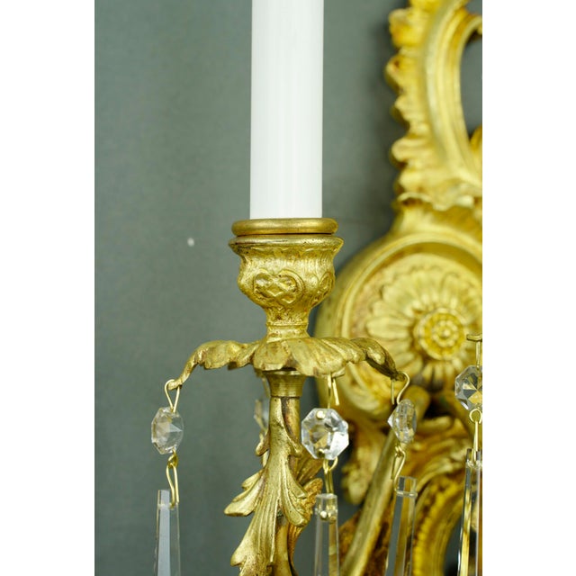 Mid 20th Century Restored French Gold Gilded Bronze & Crystal 3 Arm Wall Sconces - a Pair For Sale - Image 9 of 13