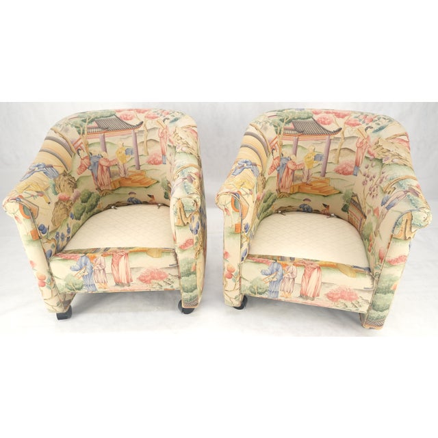 Textile Pair Asian Silk Motive Round Barrel Back Upholstery Lounge Chairs Casters MINT For Sale - Image 7 of 10