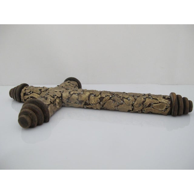 Folk Art Mexican Folk Art Milagros Turned Wood Cross Nailed Brass Charms Wall Hanging For Sale - Image 3 of 11