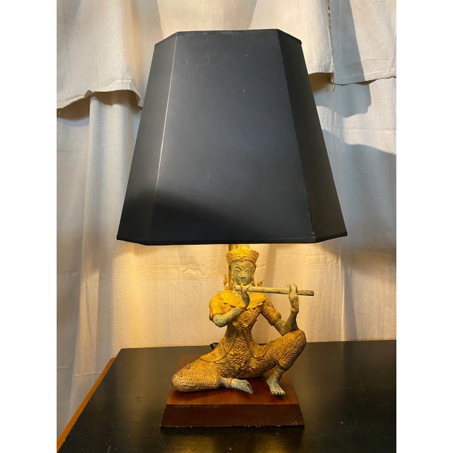 Wood Vintage Asian James Mont Style Gilt Metal Asian Deity Lamp. For Sale - Image 7 of 10
