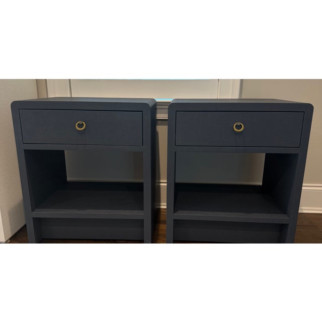 Navy Blue Brand New Pair of Villa & House Benjamin Linen 1 Drawer Side Tables in Blue Steel For Sale - Image 8 of 8