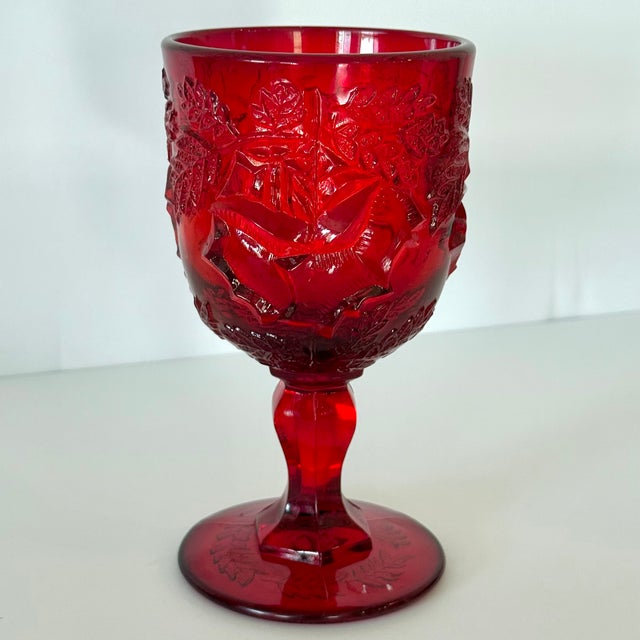 Set of 2 — Madonna Inn leaf pattern water goblets pressed glass, ruby red, Fenton L.G. Wright. Exclusive to the Madonna...