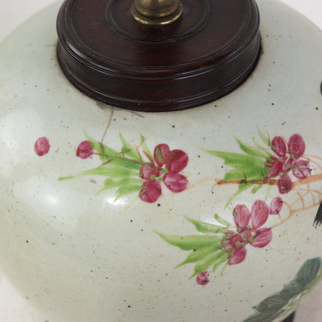 Famille Rose Antique Porcelain Vase Lamp With Bird and Peony Motif on Wood Base For Sale - Image 14 of 17