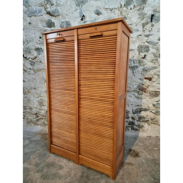 Vintage French Tambour Cabinet in Oak, 1960s For Sale - Image 15 of 18