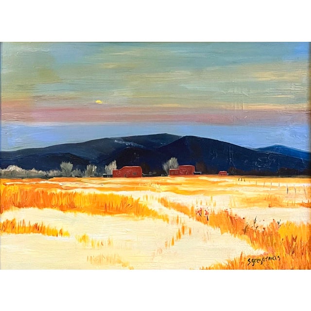 Oil painting on canvas of a Southwest winter scene with adobes in the background and desert in the foreground by Satori...