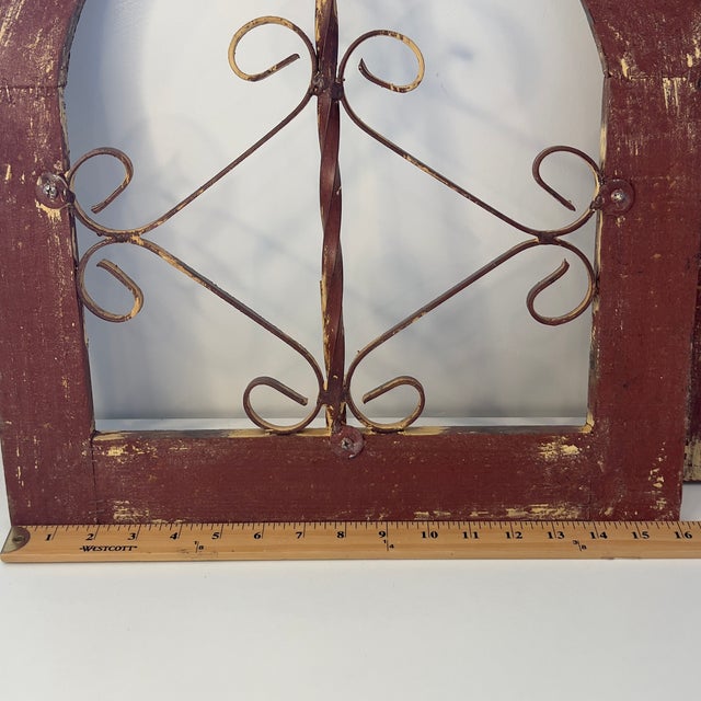 Rustic Farmhouse Gothic Style Arched Window Fleur-De-Lis Red Yellow Chipped Wood Hanging Wall Decor, Set of 2 For Sale In Boise - Image 6 of 14