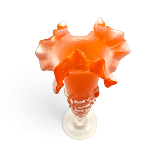 Mid 20th Century Vintage Murano Orange Art Glass Ruffled Vase W/ Applied Rigaree For Sale - Image 5 of 7