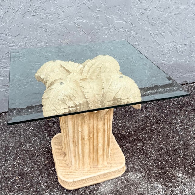 Boho Chic Boho Chic Faux Bamboo Banana Leaf Glass Top Side Table For Sale - Image 3 of 6