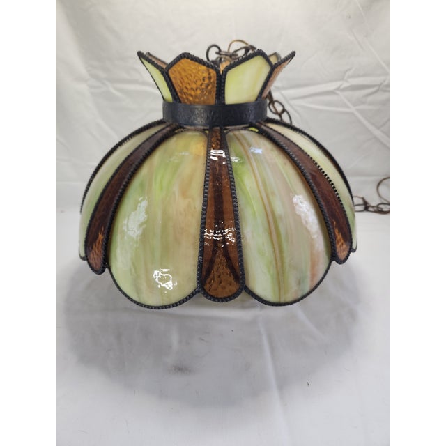 Vintage Mid-Century Modern Green Slag & Amber Glass Hanging Swag Lamp For Sale - Image 4 of 11