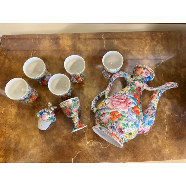 Red Mid 20th Century Arabic Floral Chinese Mille Fleur Wine Set- 7 Pieces For Sale - Image 8 of 8