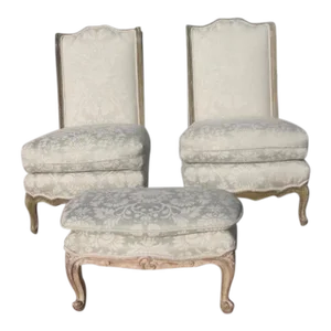 Mid 20th Century Damask Upholstered Vintage Louis XV Small-Scale Slipper Chairs and Footstool - 3 Pieces