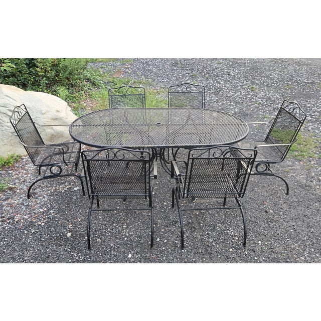 Black Late 20th Century Wrought Iron Patio Table & 6 Chairs For Sale - Image 8 of 13
