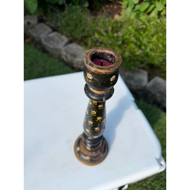Mid 20th Century Vintage Hand-Painted Floral Folk Art Candlestick Sculpture For Sale - Image 5 of 12