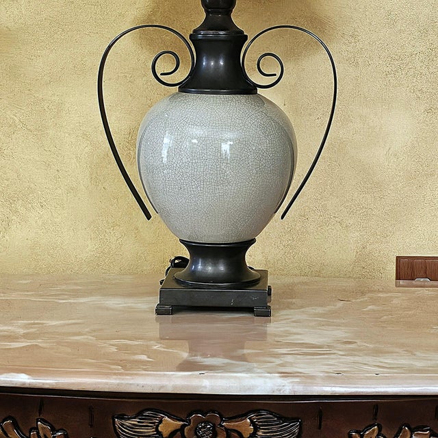 Ashley Gavivi Style Crackle-Glaze Ceramic Urn & Bronze Scroll Table Lamp For Sale - Image 9 of 18