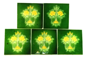 Set of 5 Art Nouveau Floral Majolica Tiles, Green With Yellow - Fireplace or Wall
