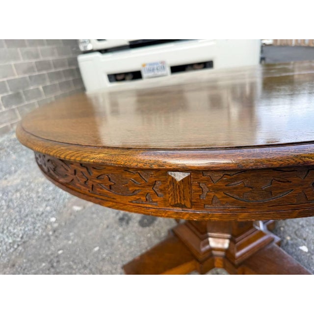 Antique Hand Carved Tiger Oak Pedestal Base Dining Table. For Sale - Image 13 of 17