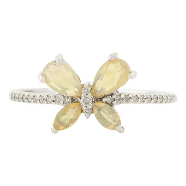 14k White Gold Fire Opal Butterfly Ring With Diamonds in Size 5 For Sale