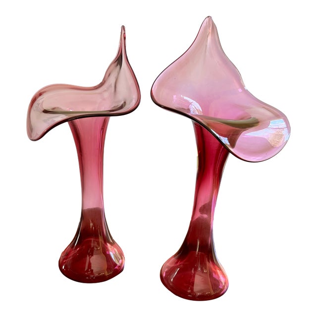Vintage Mid-Century Modern Cranberry Glass Jack in the Pulpit Vases - Set of 2 For Sale