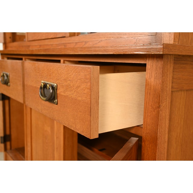 Stickley Style Mission Oak Arts & Crafts Lighted Breakfront Bookcase Cabinet For Sale - Image 9 of 18