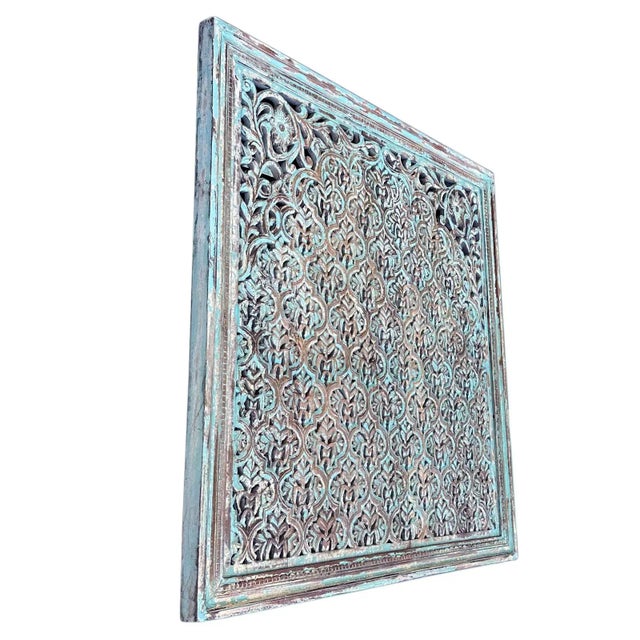 Beautiful vintage carved mango wood square screen from India. Hand distressed light blue aged finish with natural tones...