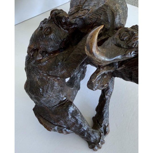 Large Hand Carved African Ironwood Sculpture Lions Attacking Cape Buffalo For Sale - Image 6 of 10