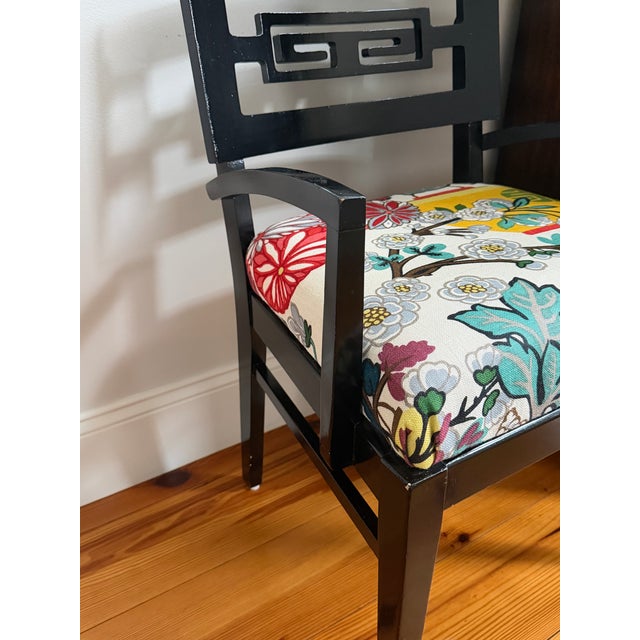 Antique black lacquer Greek key style pair of chairs with brand new Schumacher Chiang Mai dragon fabric. Black lacquer arm...