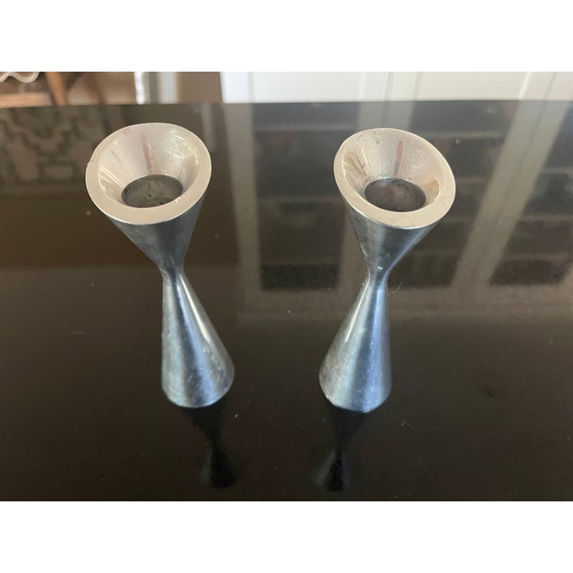 Vintage 1994 Nambé ‘Nova’ Candlesticks 6045 by Karin Rashid Pair For Sale In Santa Fe - Image 6 of 6