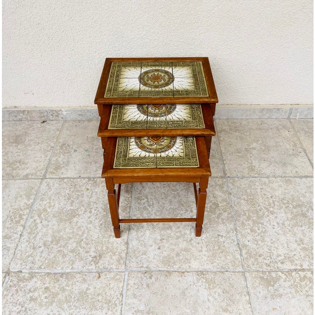Danish Teak and Ceramic Nesting Tables, 1960s, Set of 3 For Sale - Image 3 of 11