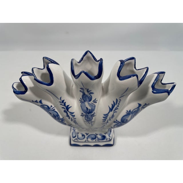 Blue Vintage Blue and White Ceramic Five Finger Tulip Vase, Tulipiere For Sale - Image 8 of 14