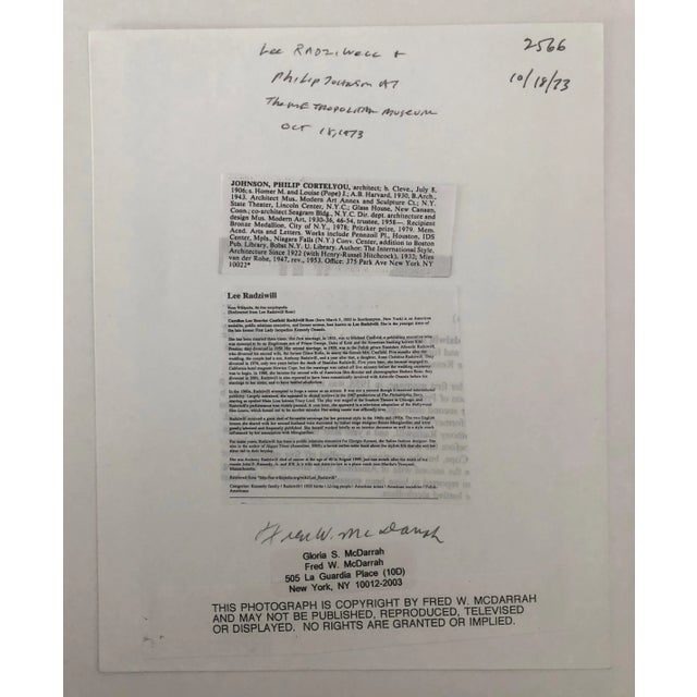 American Fred McDarrah, Signed Silver Gelatin Photograph of Philip Johnson, Architect with Lee Radziwill, Photo, 1973 For Sale - Image 3 of 5