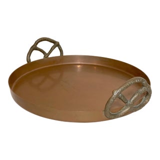 Vintage Thick Copper Brass Pretzel Handle Circular Centerpiece Serving Platter For Sale