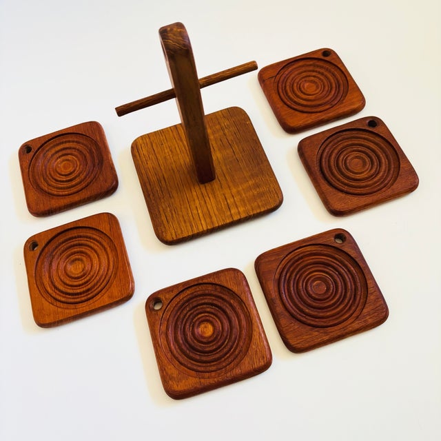 Mid Century Teak Hanging Coaster Set - Set of 6 Coasters With Holder - 1970s For Sale - Image 10 of 14