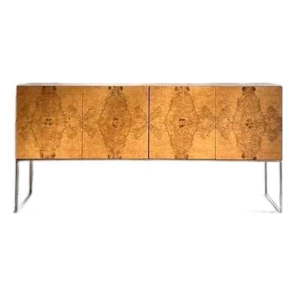 Vintage Boho Book Matched a Burl Wood Credenza After Thayer Coggin For Sale