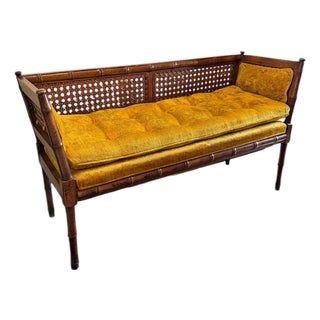 Mid Century Faux Bamboo & Cane Bench For Sale