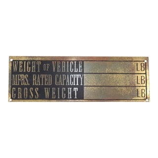 Vintage Brass Vehicle Weight Identification Plate For Sale
