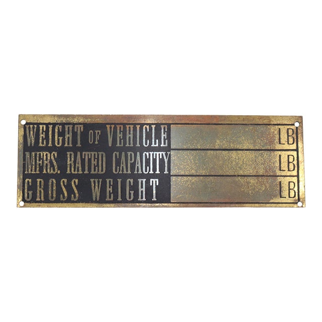 Vintage Brass Vehicle Weight Identification Plate For Sale