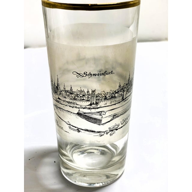 Vintage Gold Rim European Cityscape Highball Glasses – Set of 8 Schweinfurt Frosted Mid-Century Barware For Sale - Image 9 of 12