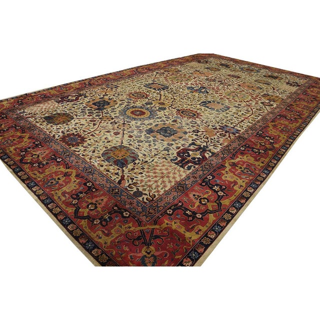 Textile 1900s Ivory Floral Traditional Antique Indian Lahore Rug 11' X 18'10'' Handknotted Wool Carpet For Sale - Image 7 of 9