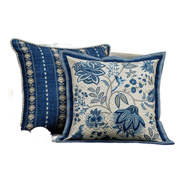 Blue Floral Pillow Cover Jacobean Design Traditional Cushion Navy Accent Bedroom Decorative Case Cotton Washable Zipper Square Throw White For Sale