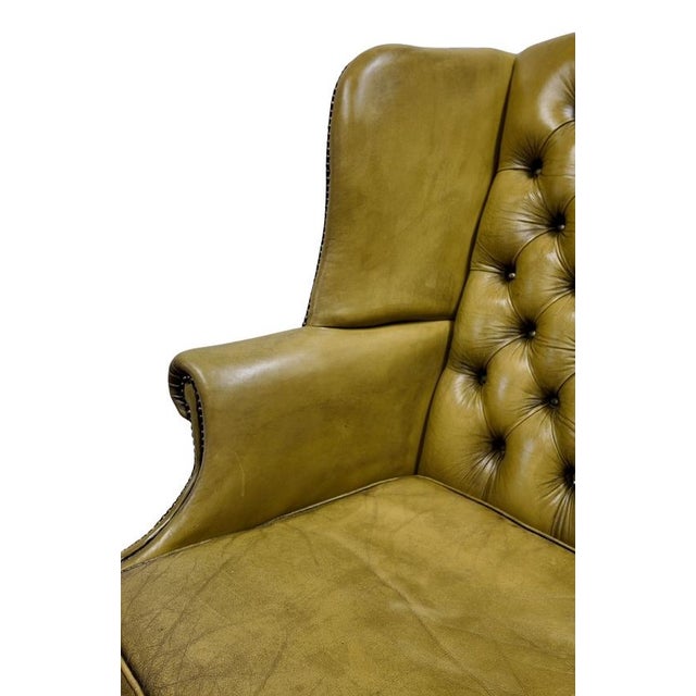 Mid 20th Century Vintage Olive Green Tufted Leather Wingback Settee With Nailhead Trim For Sale - Image 9 of 12