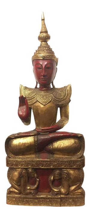 Early 20th Century Red Gold Hand-Carved Wooden Buddha