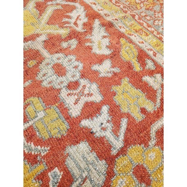 Late 19th Century Antique Oushak Carpet, Oriental Rug, Handmade Rug Saffron, Light Blue and Coral For Sale - Image 5 of 18