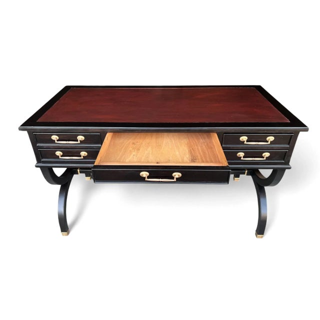 Mid 20th Century Hollywood Regency Ebonized Desk With Cognac Leather Top by Sligh-Lowry For Sale In Los Angeles - Image 6 of 17