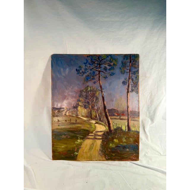 French Vintage, French Oil on Board Painting, Rural Landscape, Signed For Sale - Image 3 of 8