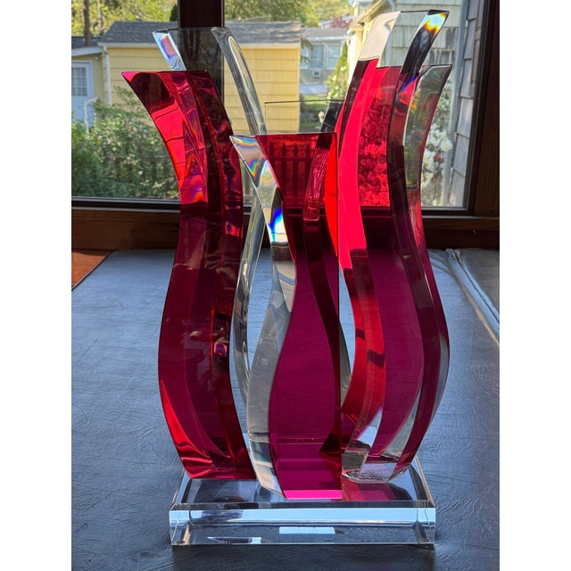 Vintage David Muniz 23" Ruby Red & Clear Lucite Art Sculpture 1996, Signed. Rare For Sale - Image 12 of 14